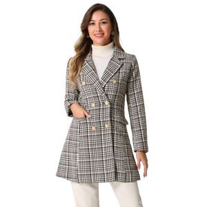 Plaid Tweed Coat Lapel Collar Double Breasted Blazer Outerwear Brown